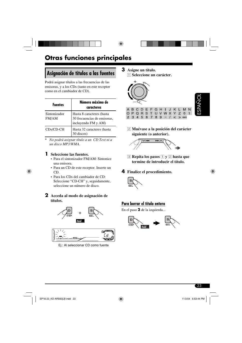 Otras funciones principales, Asignación de títulos a las fuentes, Esp añol | JVC KD-AR560 User Manual | Page 57 / 105