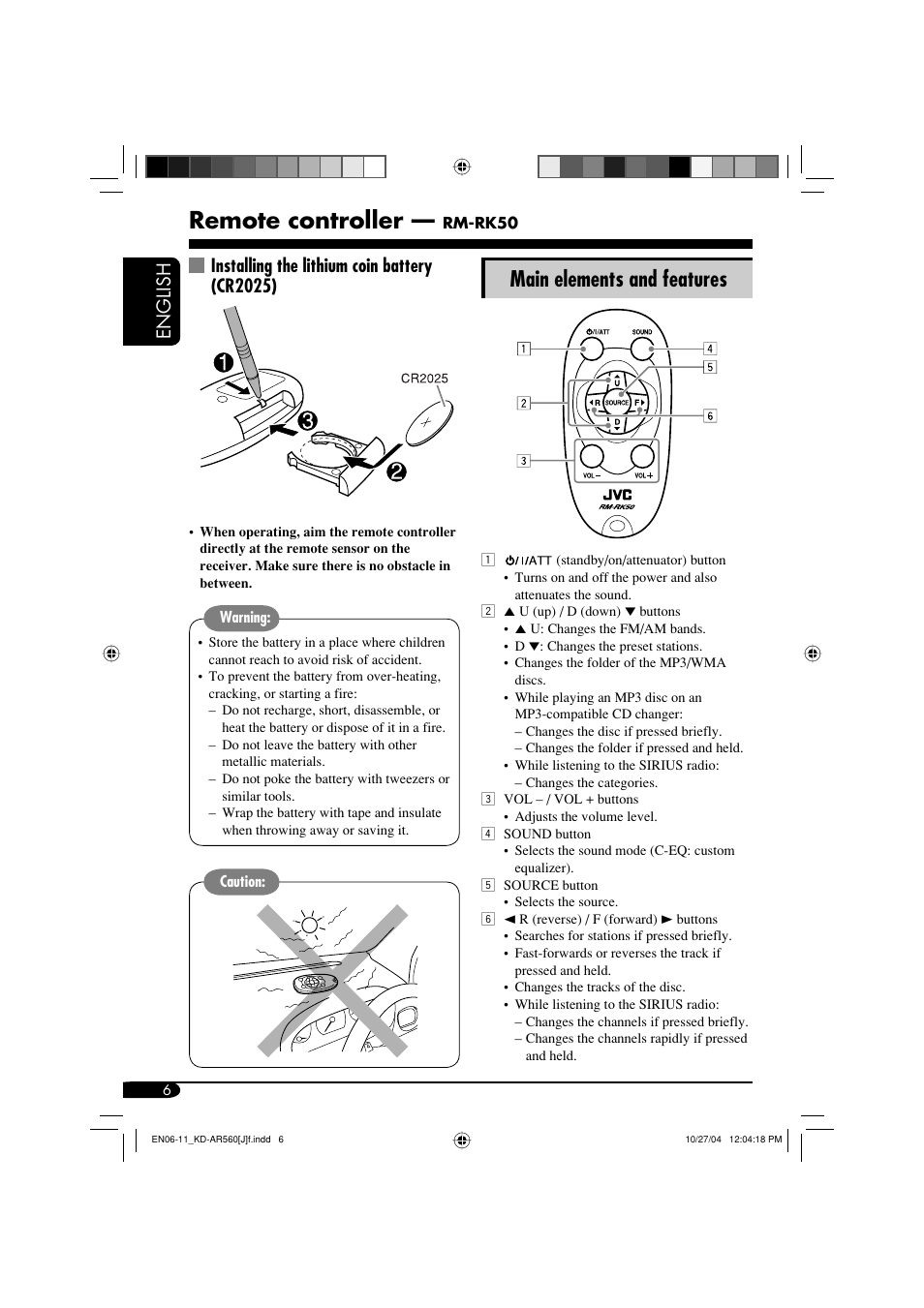 Remote controller, Main elements and features, English | Installing the lithium coin battery (cr2025) | JVC KD-AR560 User Manual | Page 6 / 105