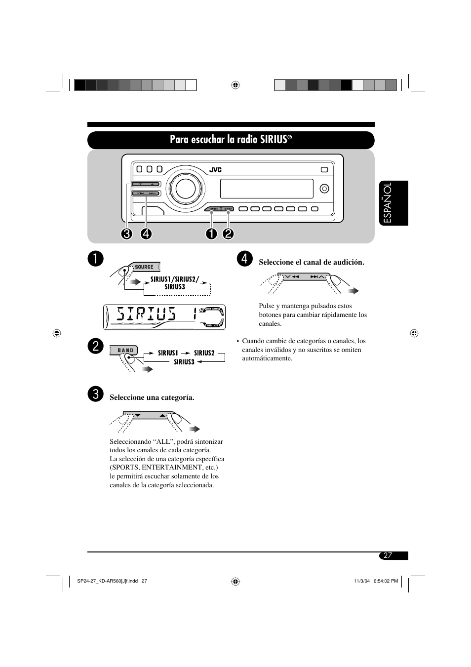 Para escuchar la radio sirius | JVC KD-AR560 User Manual | Page 61 / 105