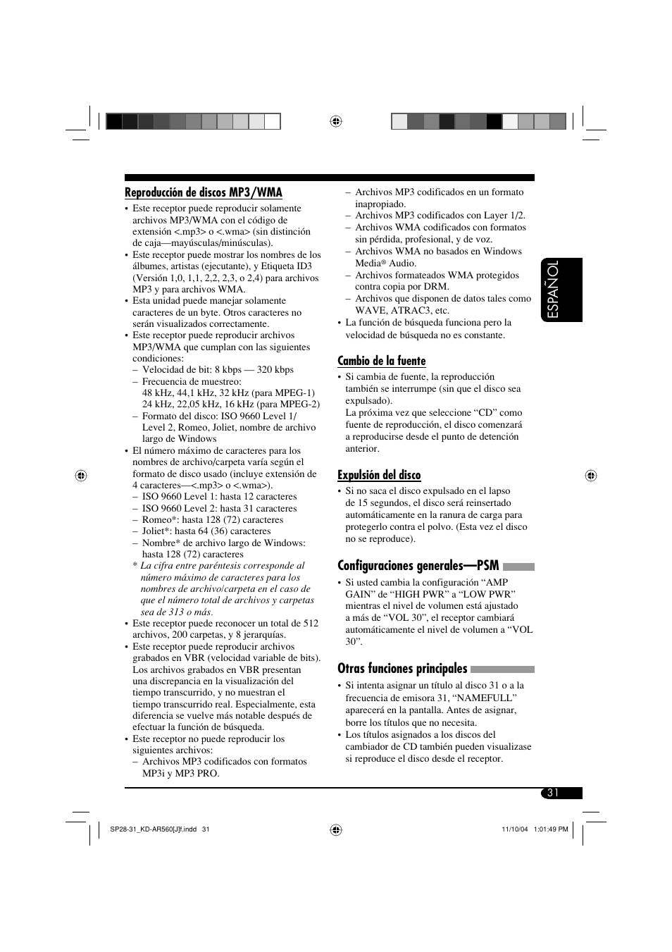 Esp añol, Configuraciones generales—psm, Otras funciones principales | JVC KD-AR560 User Manual | Page 65 / 105