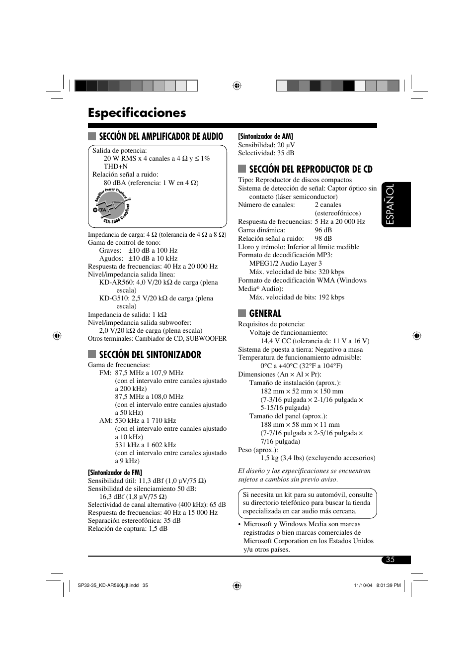 Especificaciones, Esp añol, Sección del reproductor de cd | General, Sección del amplificador de audio, Sección del sintonizador | JVC KD-AR560 User Manual | Page 69 / 105