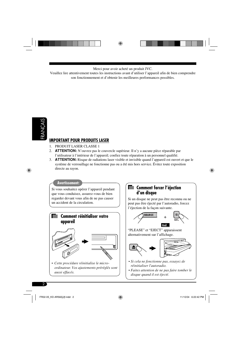 Français, Comment réinitialiser votre appareil, Comment forcer l’éjection d’un disque | JVC KD-AR560 User Manual | Page 70 / 105