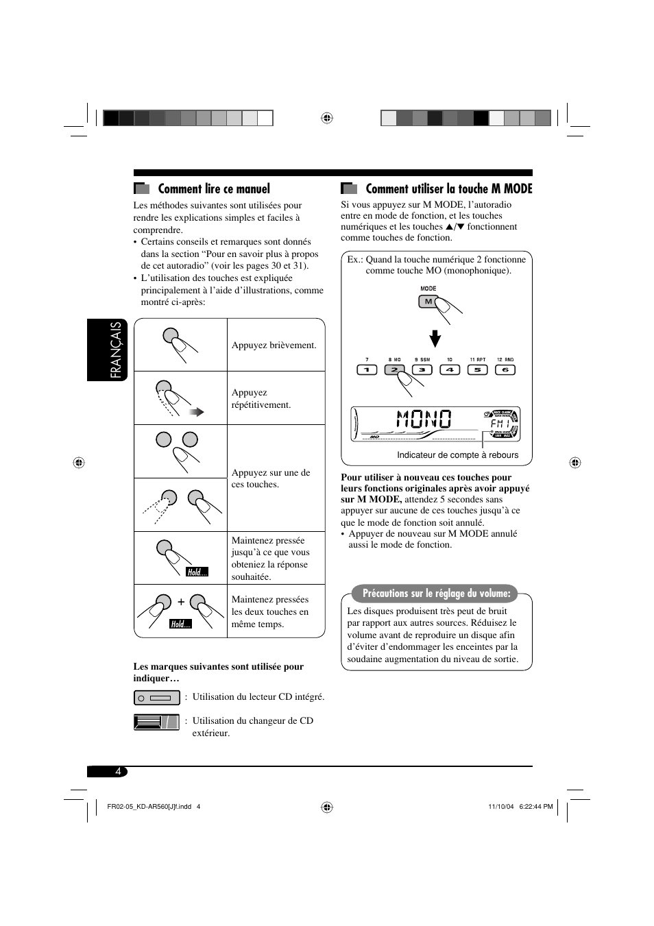 Français comment lire ce manuel, Comment utiliser la touche m mode | JVC KD-AR560 User Manual | Page 72 / 105