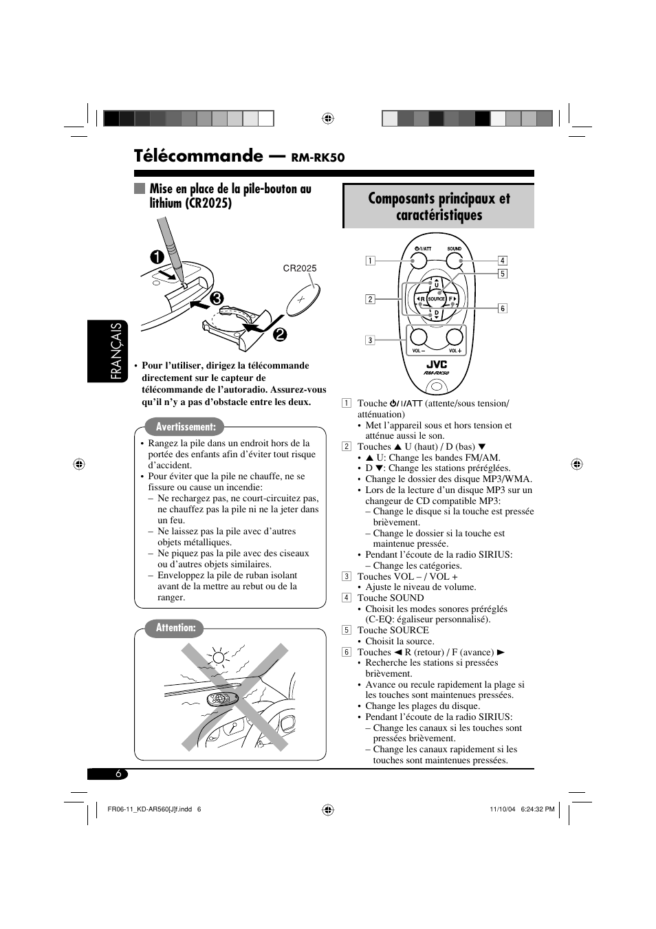 Télécommande, Composants principaux et caractéristiques, Français | JVC KD-AR560 User Manual | Page 74 / 105