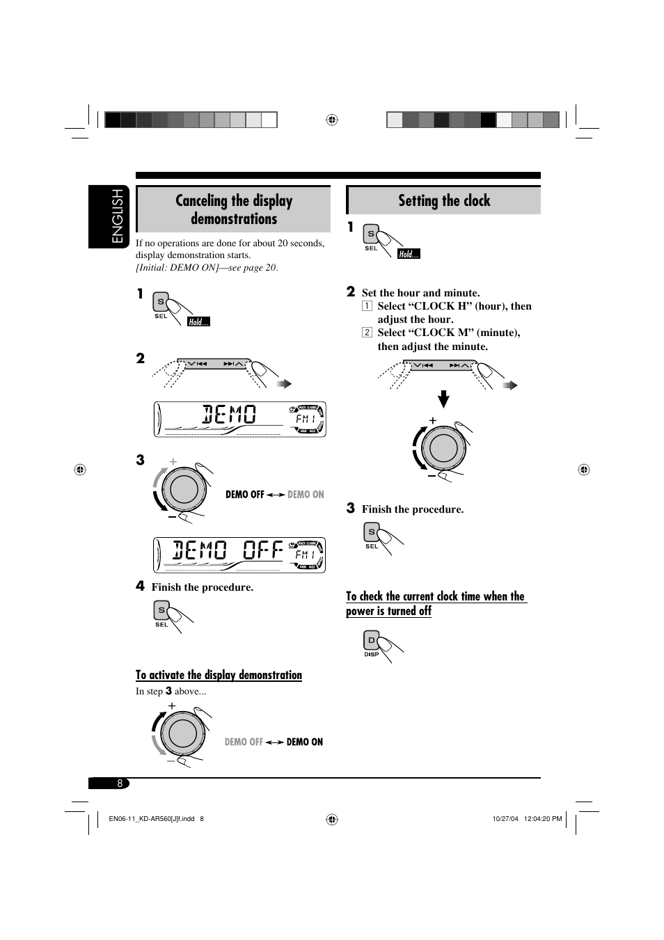 Canceling the display demonstrations, Setting the clock | JVC KD-AR560 User Manual | Page 8 / 105