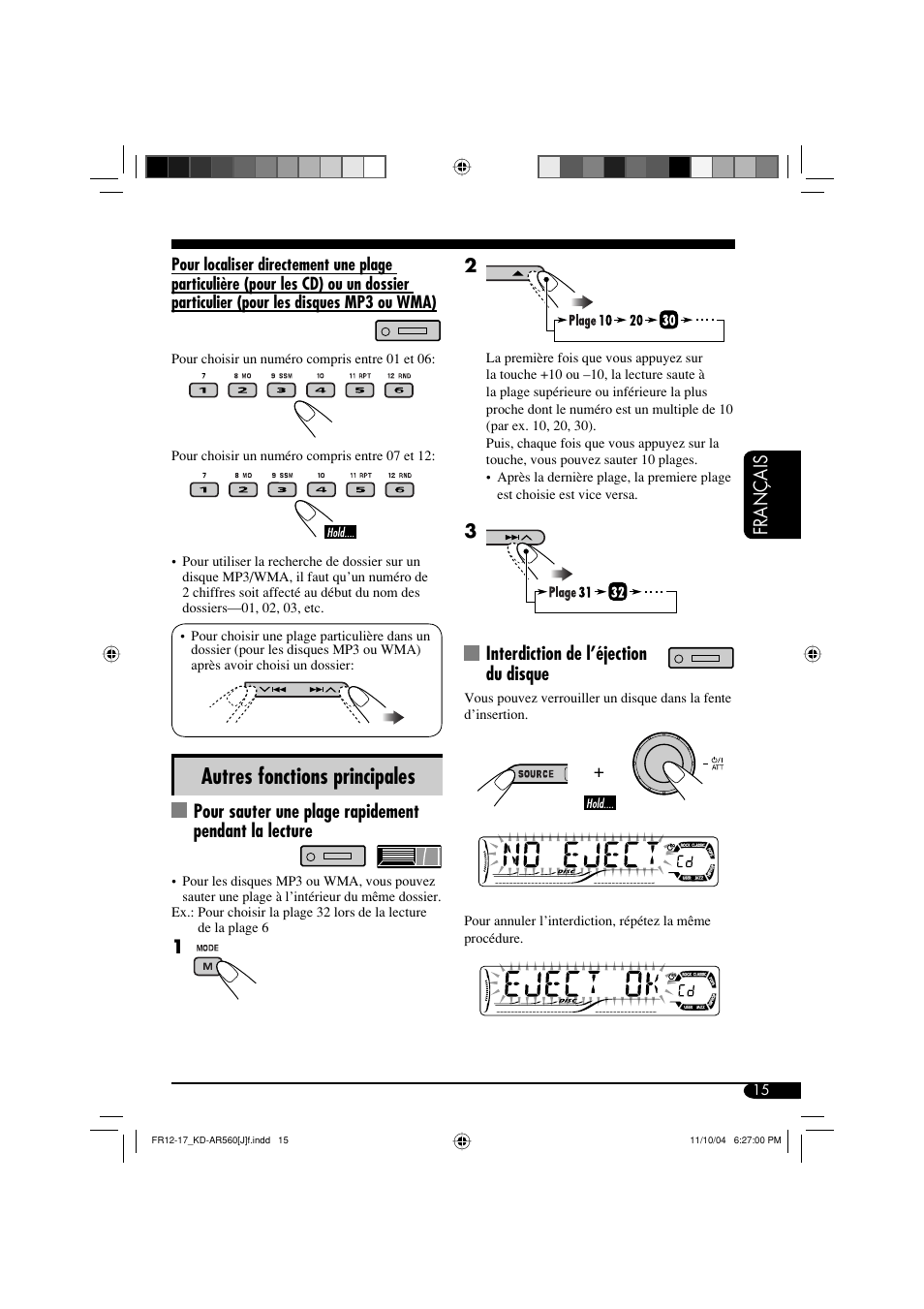 Autres fonctions principales, Français, Interdiction de l’éjection du disque | JVC KD-AR560 User Manual | Page 83 / 105