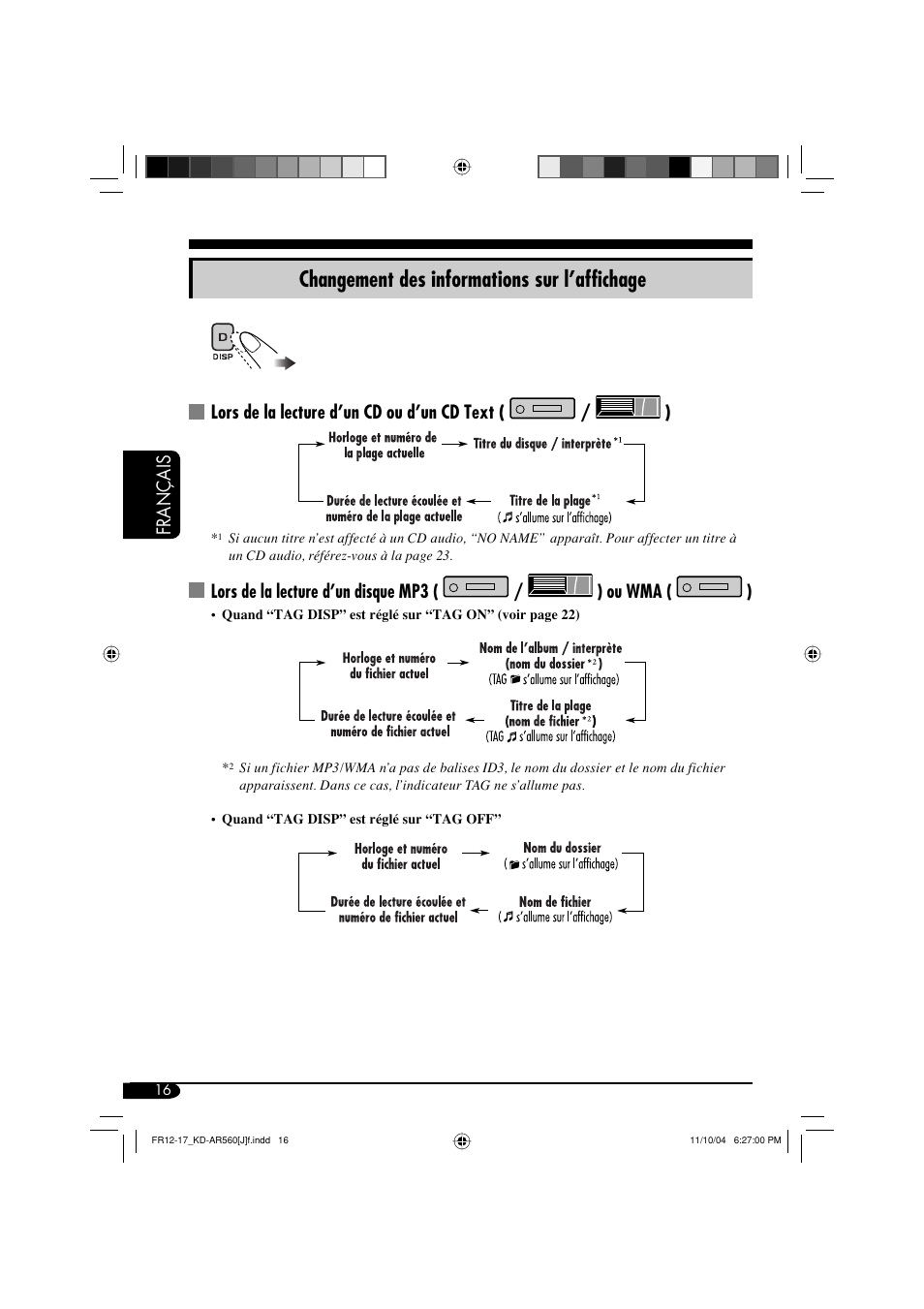 Changement des informations sur l’affichage, Français, Lors de la lecture d’un cd ou d’un cd text ( / ) | JVC KD-AR560 User Manual | Page 84 / 105