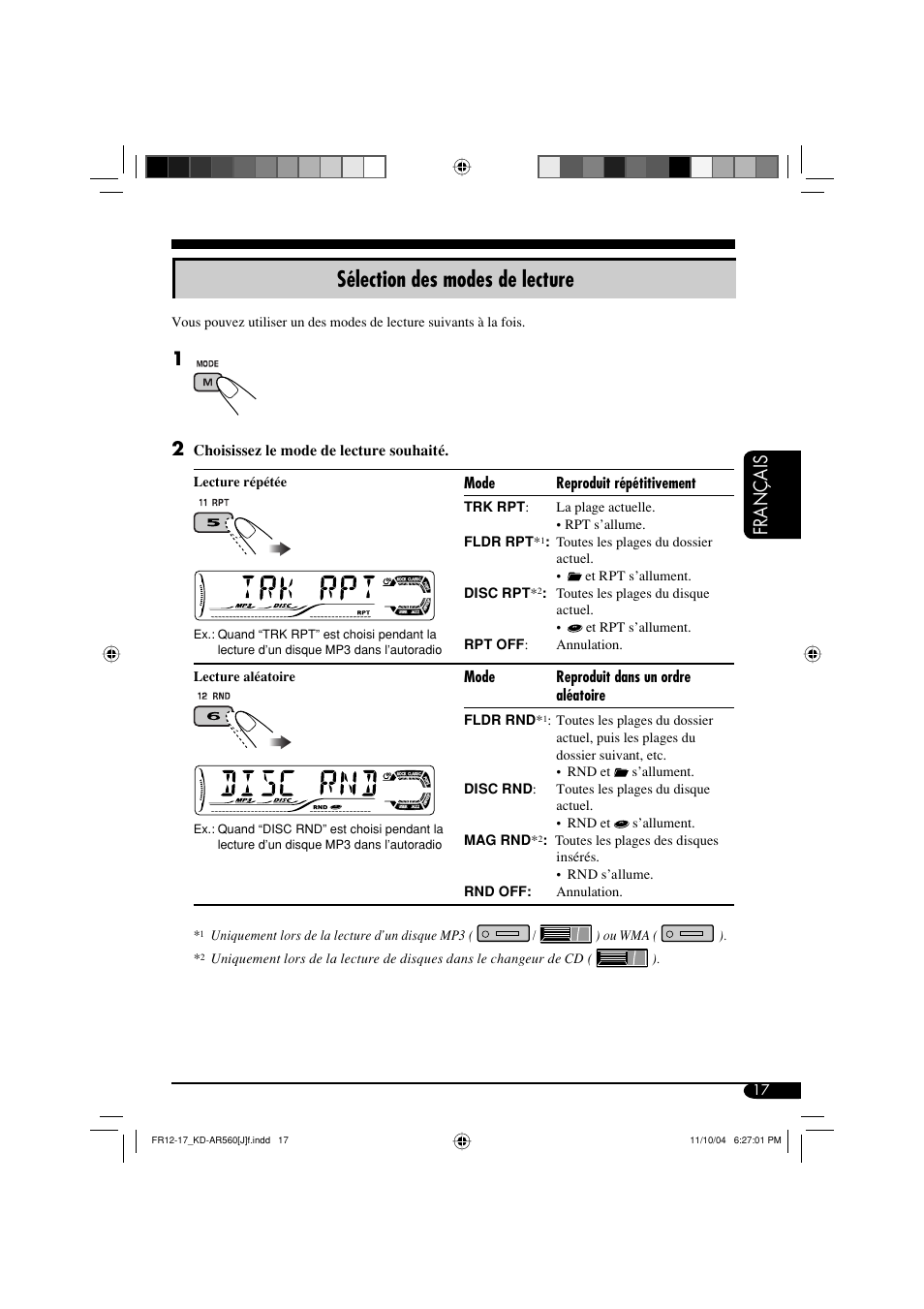 Sélection des modes de lecture, Français | JVC KD-AR560 User Manual | Page 85 / 105