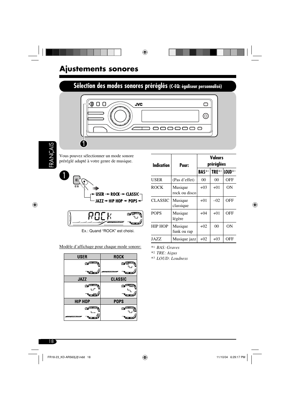 Ajustements sonores, Sélection des modes sonores préréglés, Français | JVC KD-AR560 User Manual | Page 86 / 105