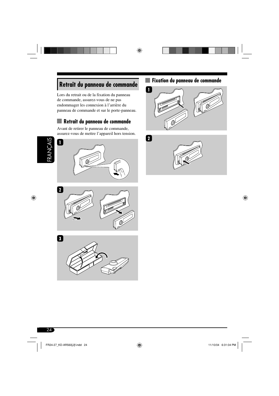 Retrait du panneau de commande, Français, Fixation du panneau de commande | JVC KD-AR560 User Manual | Page 92 / 105