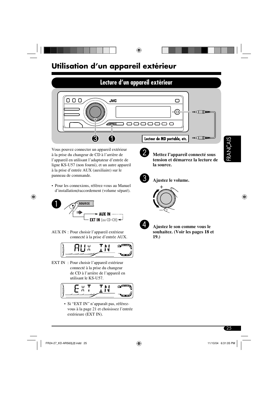 Utilisation d’un appareil extérieur, Lecture d’un appareil extérieur | JVC KD-AR560 User Manual | Page 93 / 105