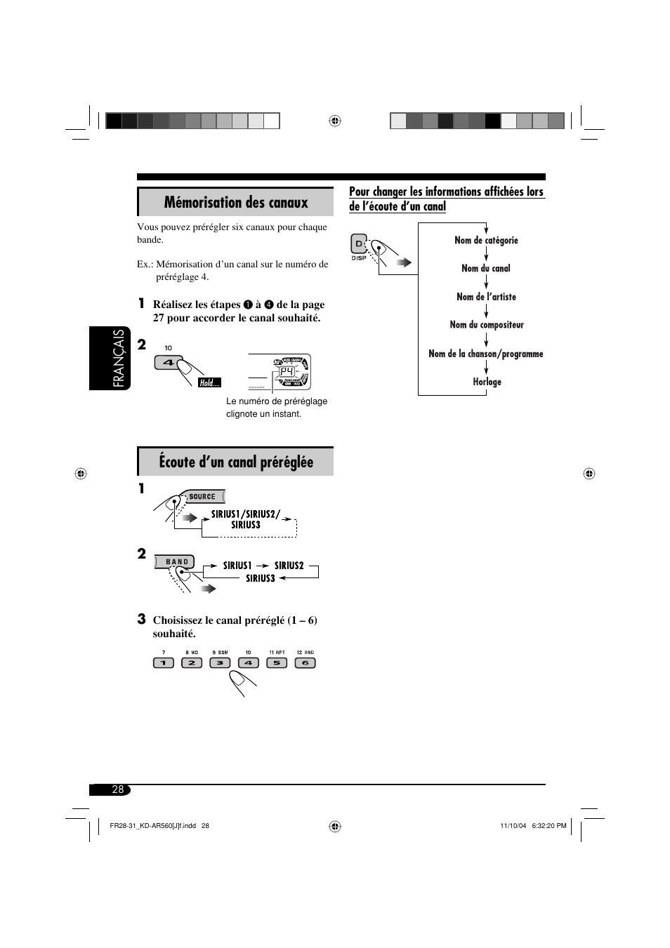 Mémorisation des canaux, Écoute d’un canal préréglée | JVC KD-AR560 User Manual | Page 96 / 105