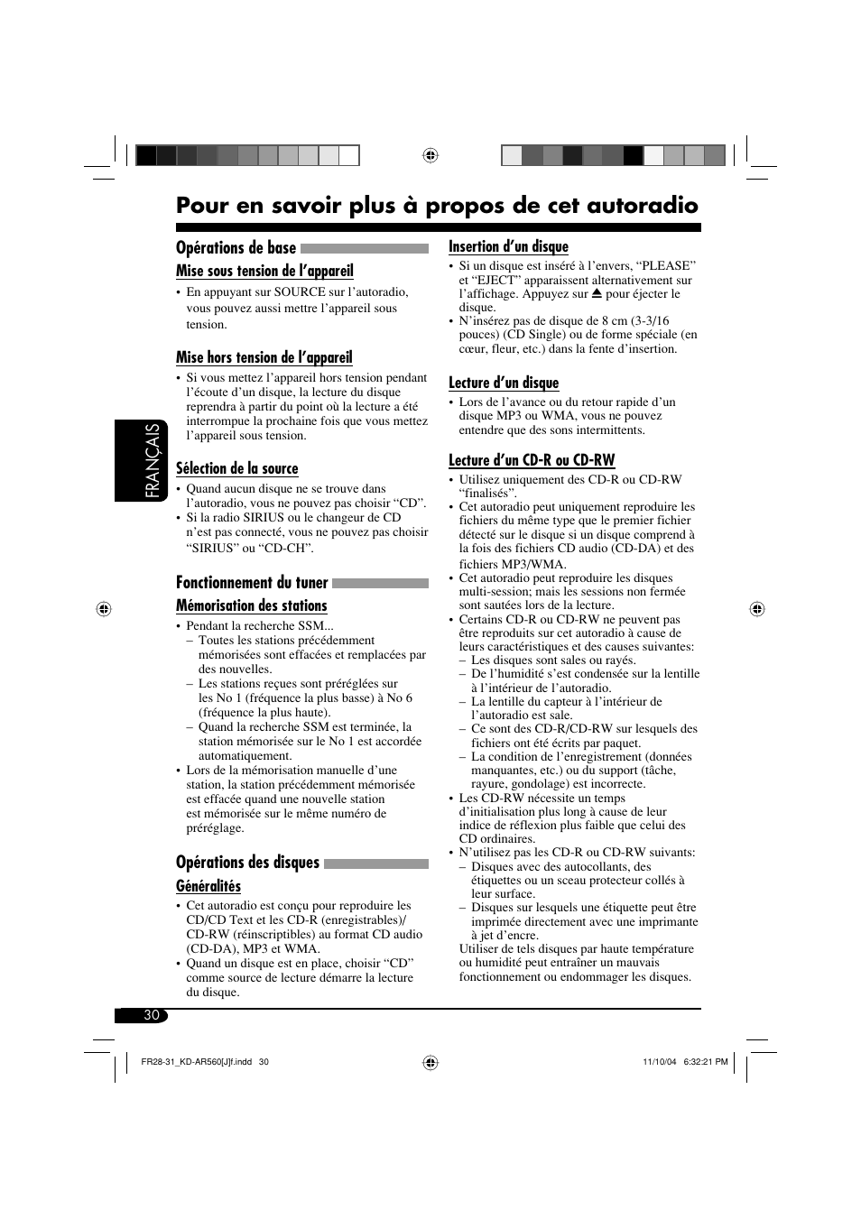 Pour en savoir plus à propos de cet autoradio, Français, Opérations de base | Fonctionnement du tuner, Opérations des disques | JVC KD-AR560 User Manual | Page 98 / 105