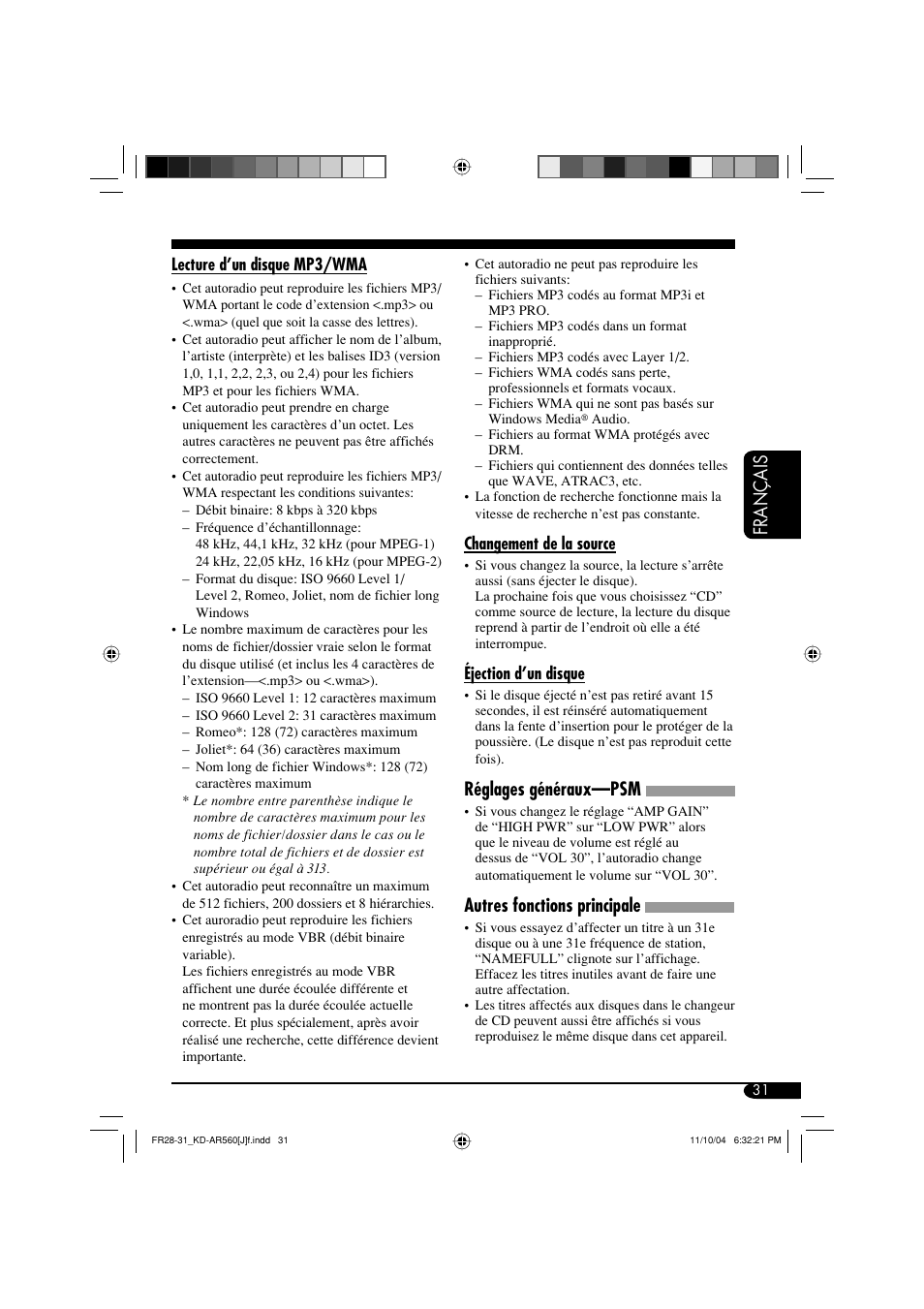 Français, Réglages généraux—psm, Autres fonctions principale | JVC KD-AR560 User Manual | Page 99 / 105