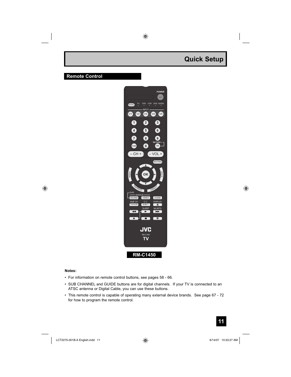 Remote control, Quick setup, Rm-c1450 | JVC RM-C1450 User Manual | Page 11 / 81