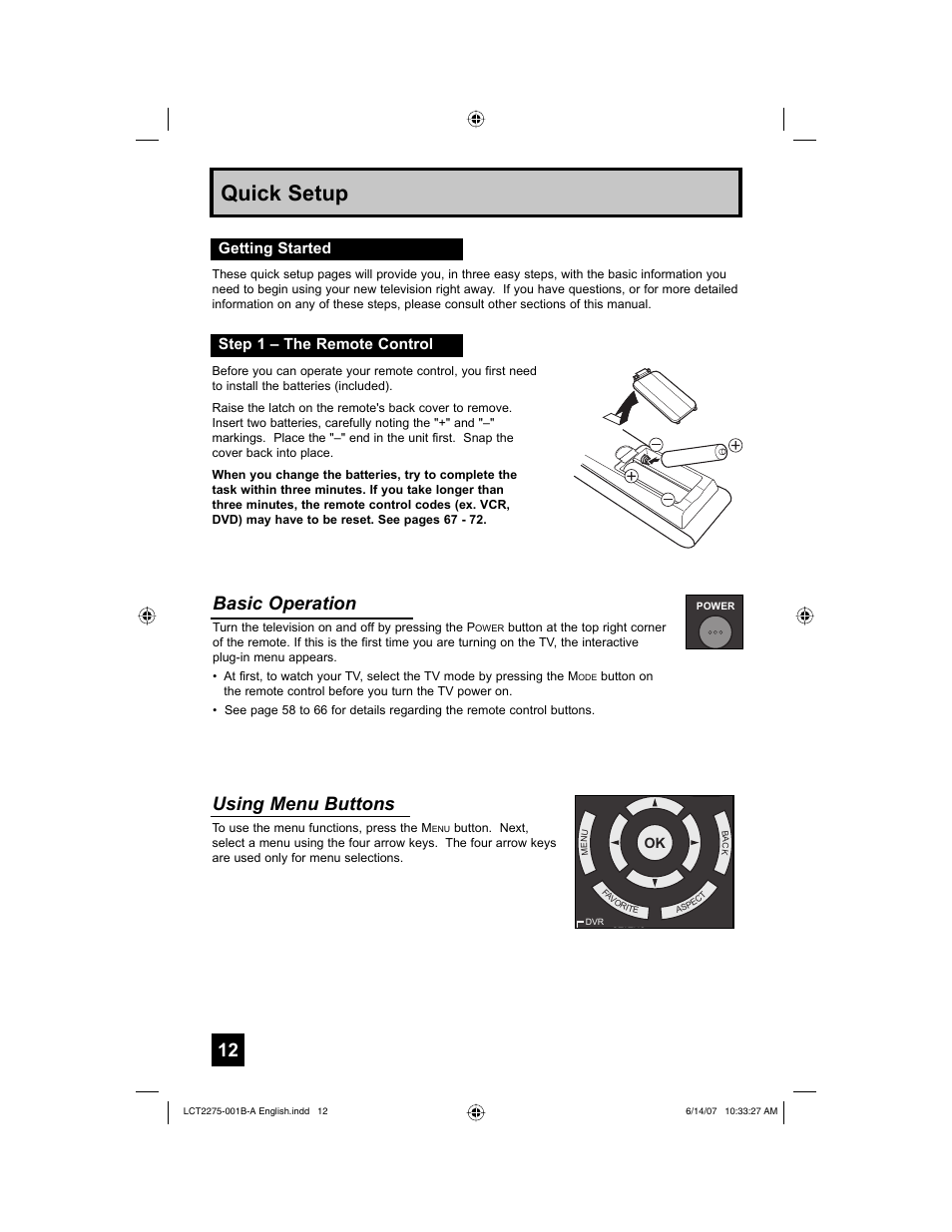 Getting started, Step 1 – the remote control, Quick setup | Using menu buttons, Basic operation, Getting started step 1 – the remote control | JVC RM-C1450 User Manual | Page 12 / 81