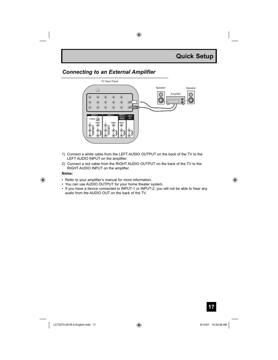 Quick setup, Connecting to an external amplifier | JVC RM-C1450 User Manual | Page 17 / 81