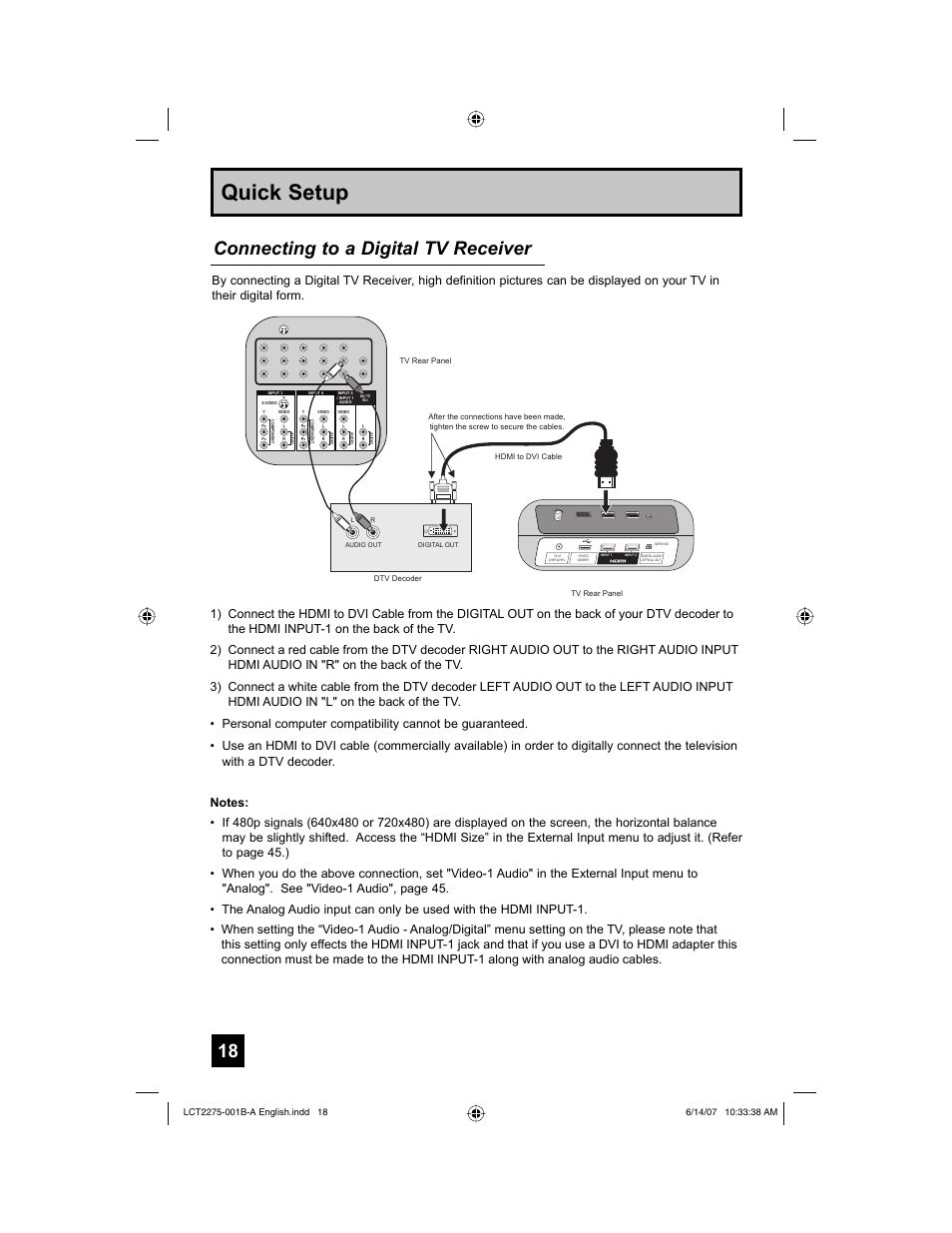 Quick setup, Connecting to a digital tv receiver | JVC RM-C1450 User Manual | Page 18 / 81