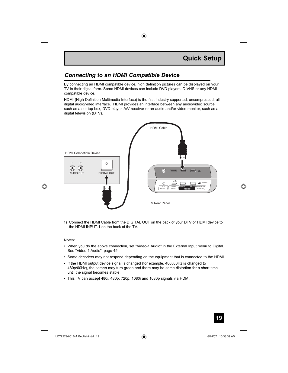 Quick setup, Connecting to an hdmi compatible device | JVC RM-C1450 User Manual | Page 19 / 81