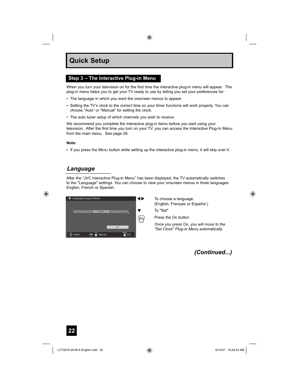 Step 3 – the interactive plug-in menu, Quick setup, Language (continued...) | JVC RM-C1450 User Manual | Page 22 / 81