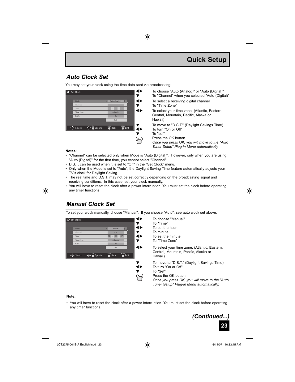 Quick setup, Manual clock set, Auto clock set (continued...) | JVC RM-C1450 User Manual | Page 23 / 81