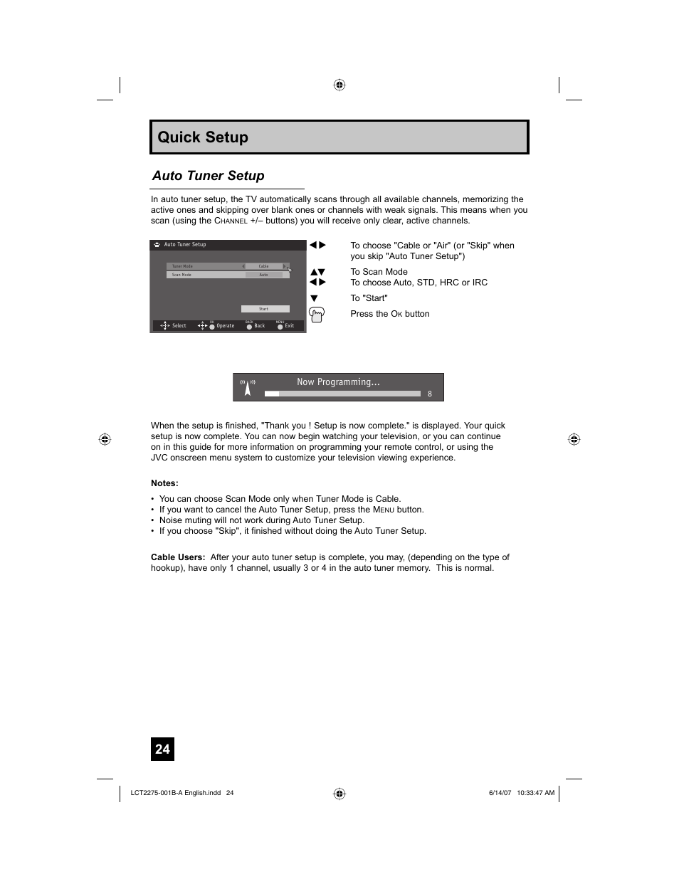 Quick setup, Auto tuner setup | JVC RM-C1450 User Manual | Page 24 / 81