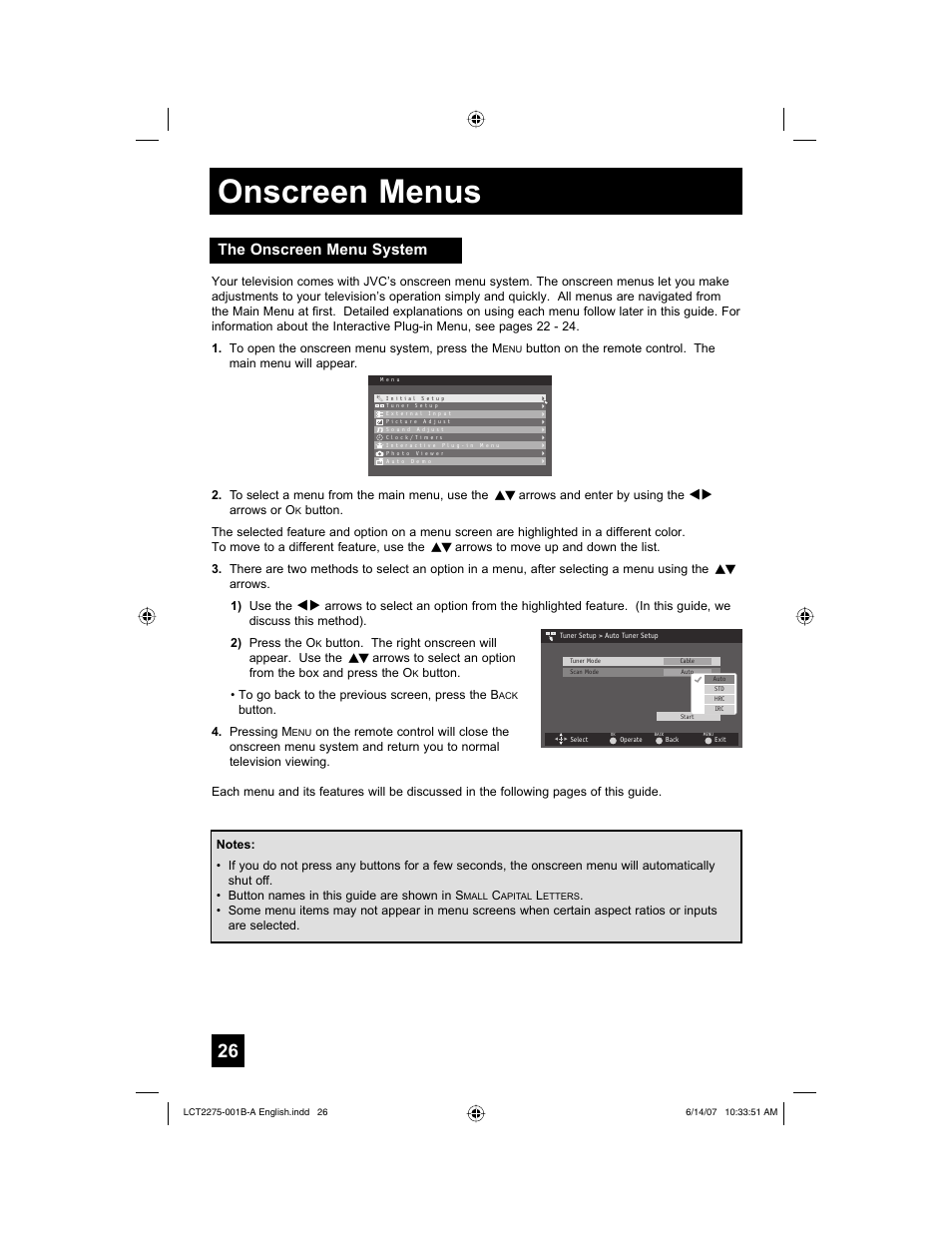 The onscreen menu system, Onscreen menus | JVC RM-C1450 User Manual | Page 26 / 81