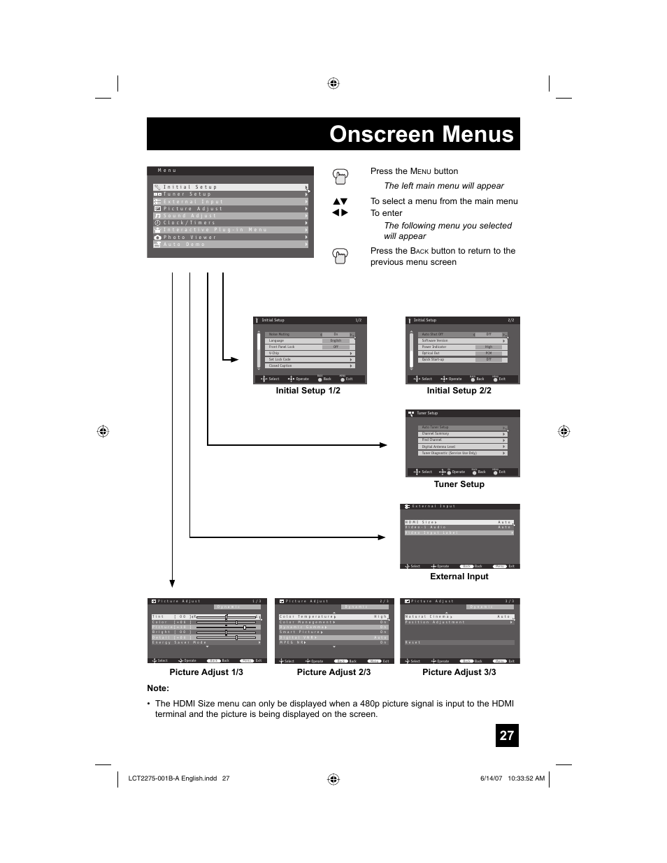 Onscreen menus, Initial setup 2/2 initial setup 1/2, Tuner setup | External input, Picture adjust 2/3, Picture adjust 1/3 press the m, Button to return to the previous menu screen | JVC RM-C1450 User Manual | Page 27 / 81