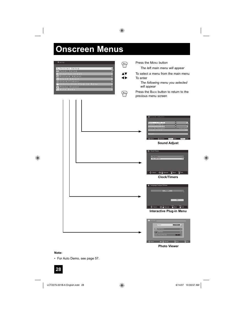 Onscreen menus, Sound adjust, Clock/timers | Interactive plug-in menu, Button to return to the previous menu screen | JVC RM-C1450 User Manual | Page 28 / 81