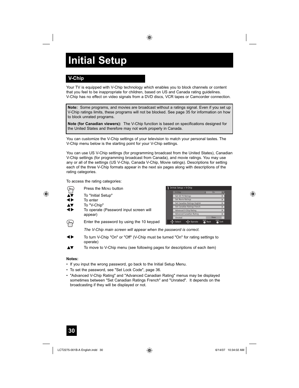 V-chip, Initial setup | JVC RM-C1450 User Manual | Page 30 / 81