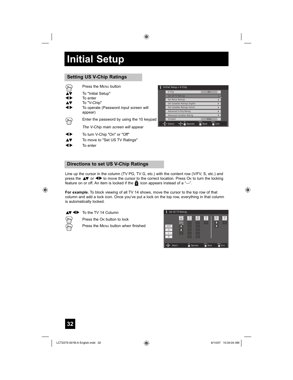 Initial setup, Directions to set us v-chip ratings, Setting us v-chip ratings | JVC RM-C1450 User Manual | Page 32 / 81