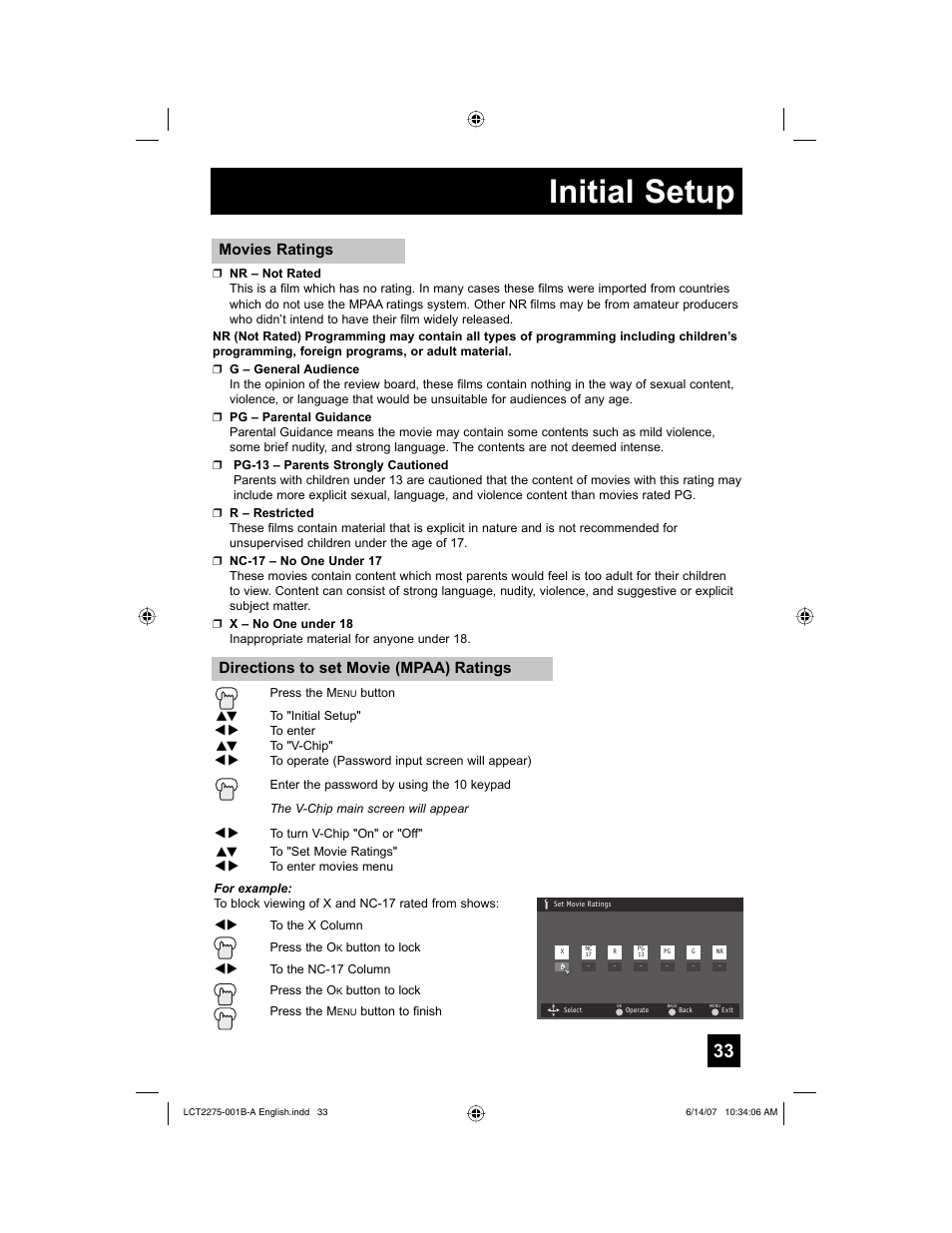 Initial setup, Movies ratings, Directions to set movie (mpaa) ratings | JVC RM-C1450 User Manual | Page 33 / 81