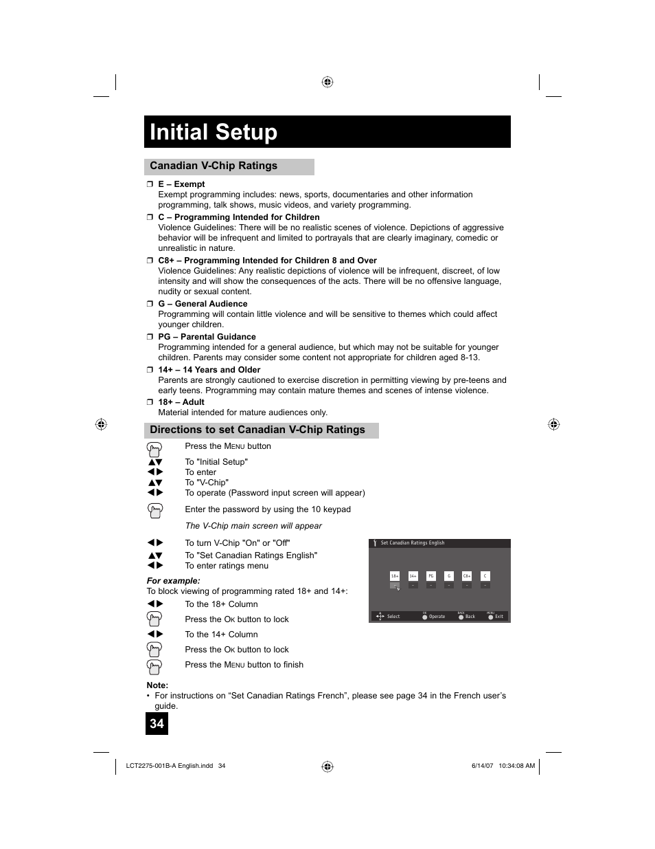 Initial setup, Directions to set canadian v-chip ratings, Canadian v-chip ratings | JVC RM-C1450 User Manual | Page 34 / 81