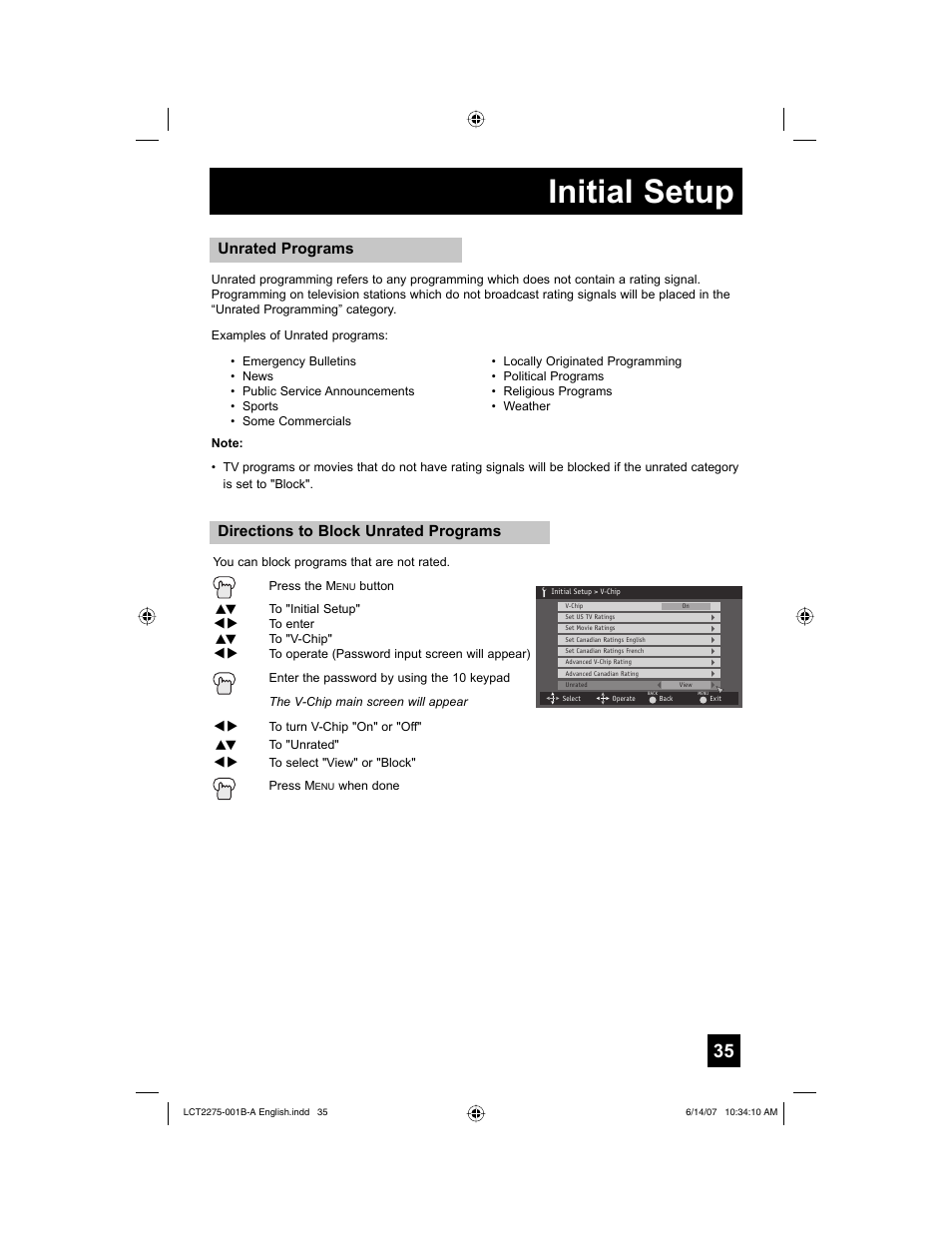 Initial setup, Directions to block unrated programs, Unrated programs | JVC RM-C1450 User Manual | Page 35 / 81