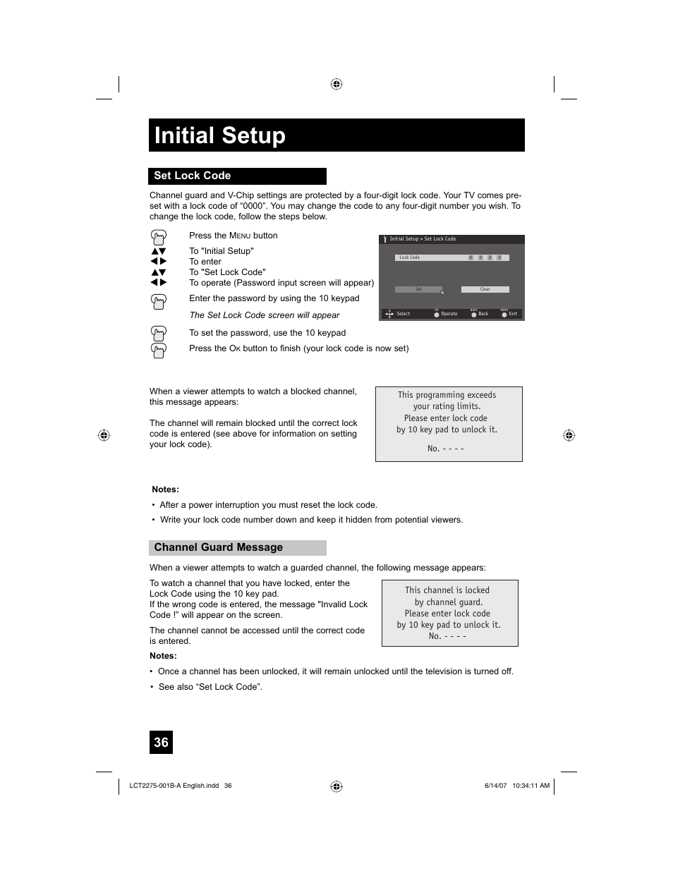 Set lock code, Initial setup, Channel guard message | JVC RM-C1450 User Manual | Page 36 / 81