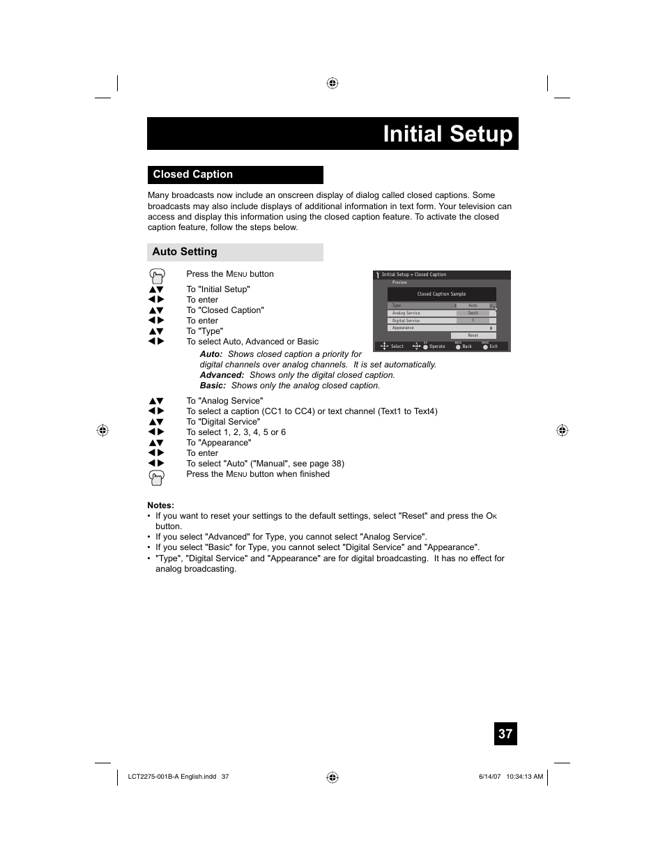 Closed caption, Initial setup, Closed caption auto setting | JVC RM-C1450 User Manual | Page 37 / 81
