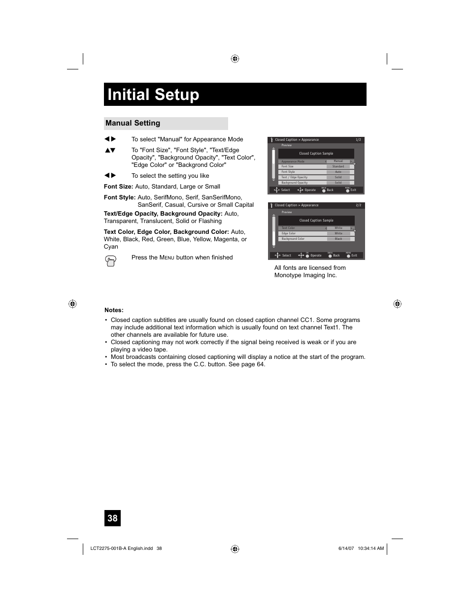 Initial setup, Manual setting | JVC RM-C1450 User Manual | Page 38 / 81