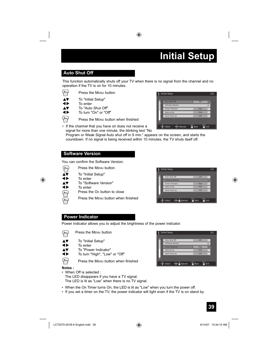 Auto shut off, Software version, Power indicator | Initial setup | JVC RM-C1450 User Manual | Page 39 / 81