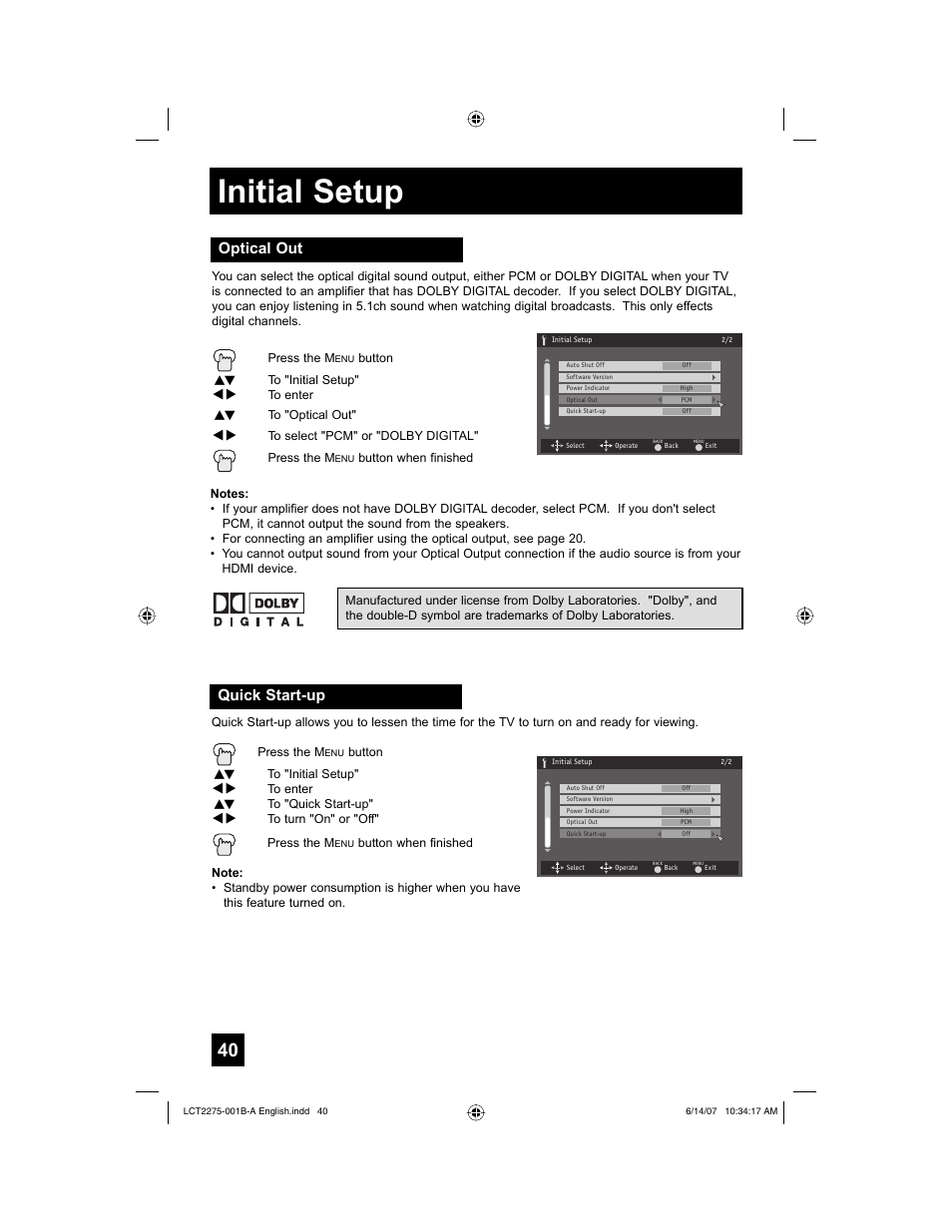 Optical out, Quick start-up, Initial setup | JVC RM-C1450 User Manual | Page 40 / 81