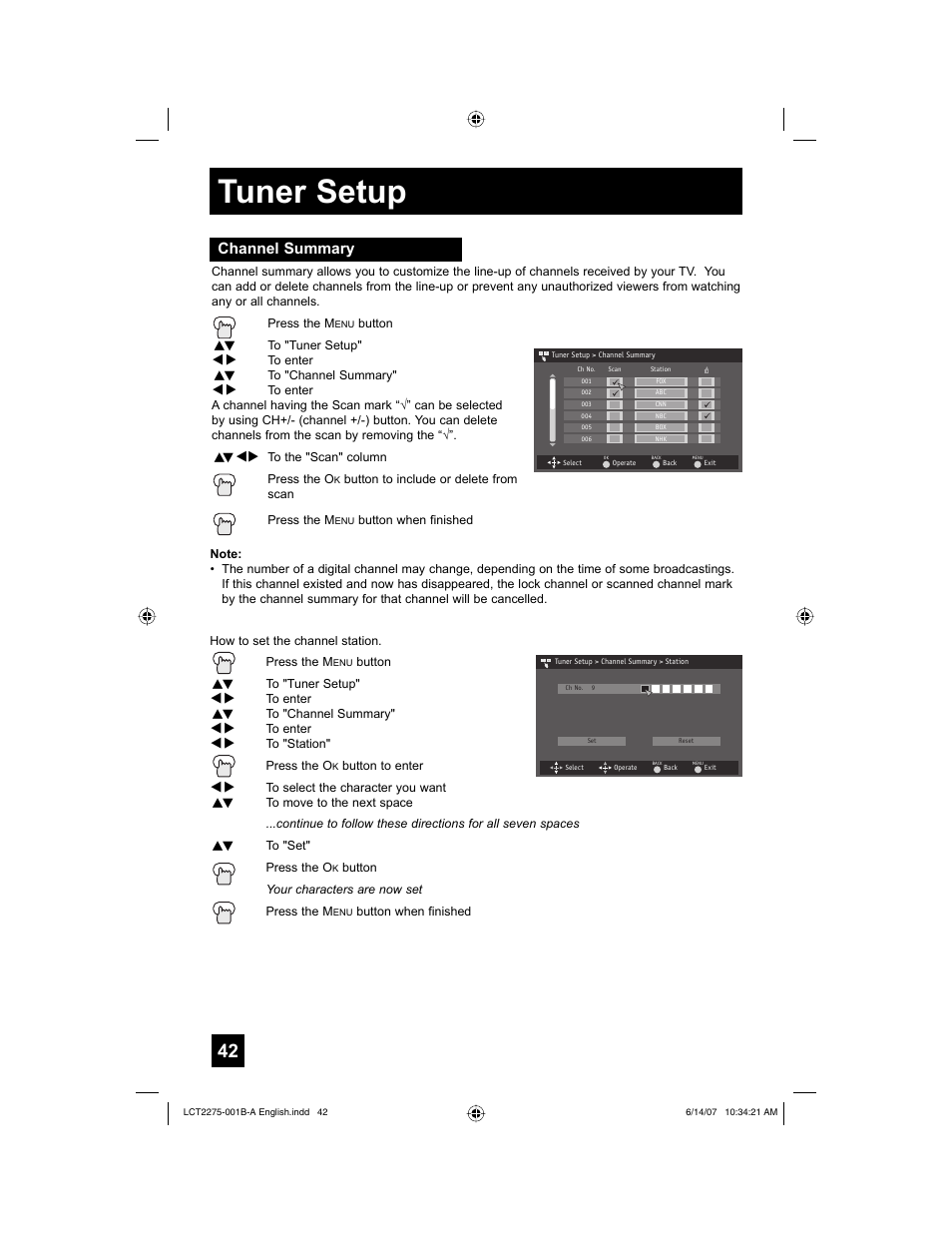 Channel summary, Tuner setup | JVC RM-C1450 User Manual | Page 42 / 81