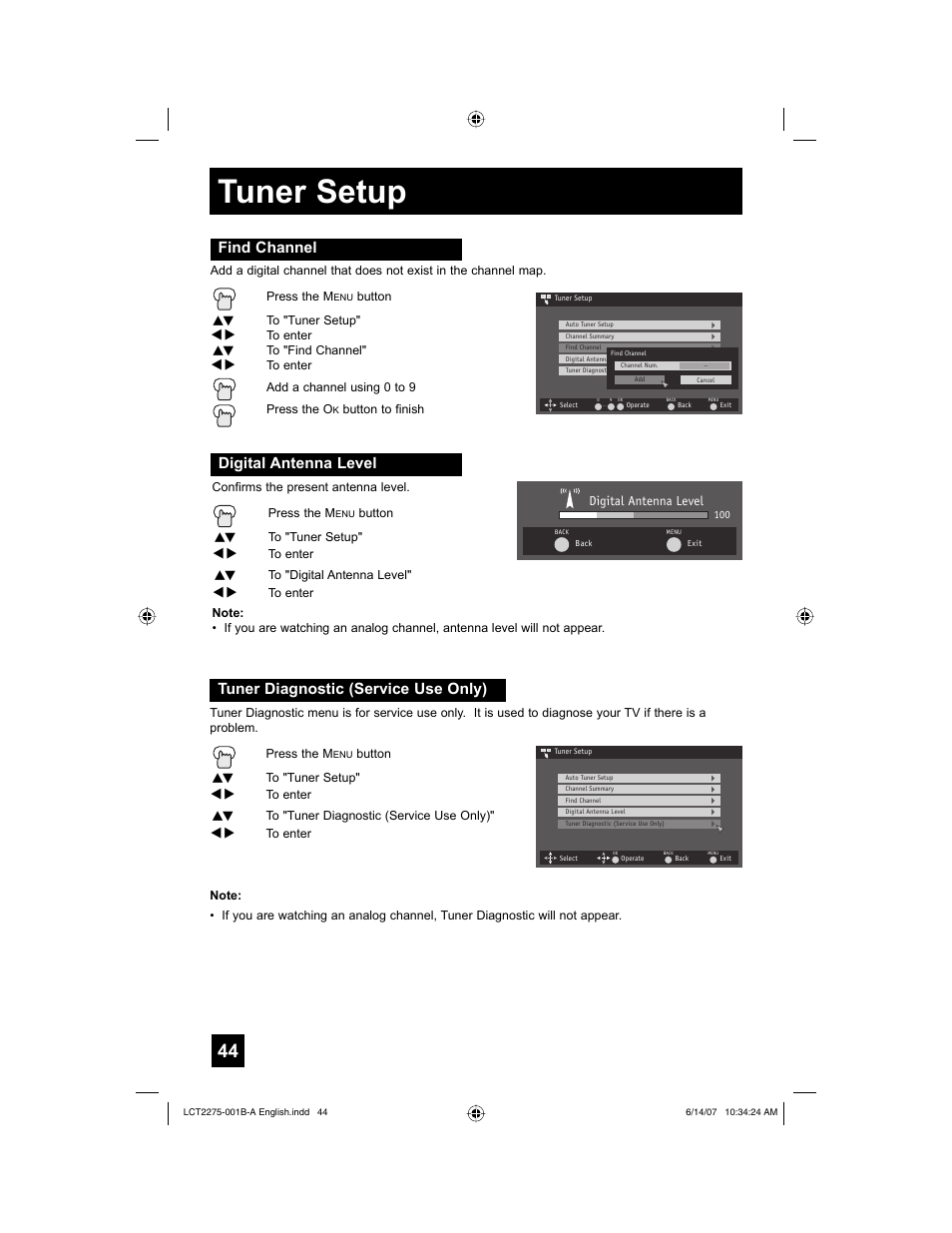 Find channel, Digital antenna level, Tuner diagnostic (service use only) | Tuner setup | JVC RM-C1450 User Manual | Page 44 / 81