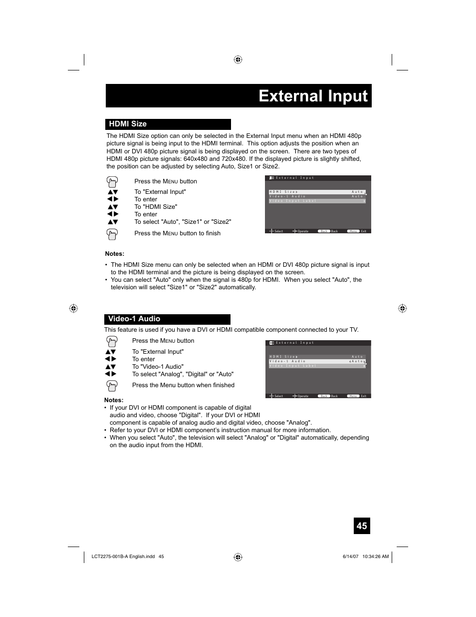 External input, Hdmi size, Video-1 audio | JVC RM-C1450 User Manual | Page 45 / 81
