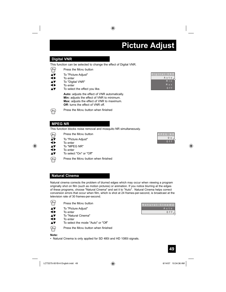 Digital vnr, Mpeg nr, Natural cinema | Picture adjust | JVC RM-C1450 User Manual | Page 49 / 81