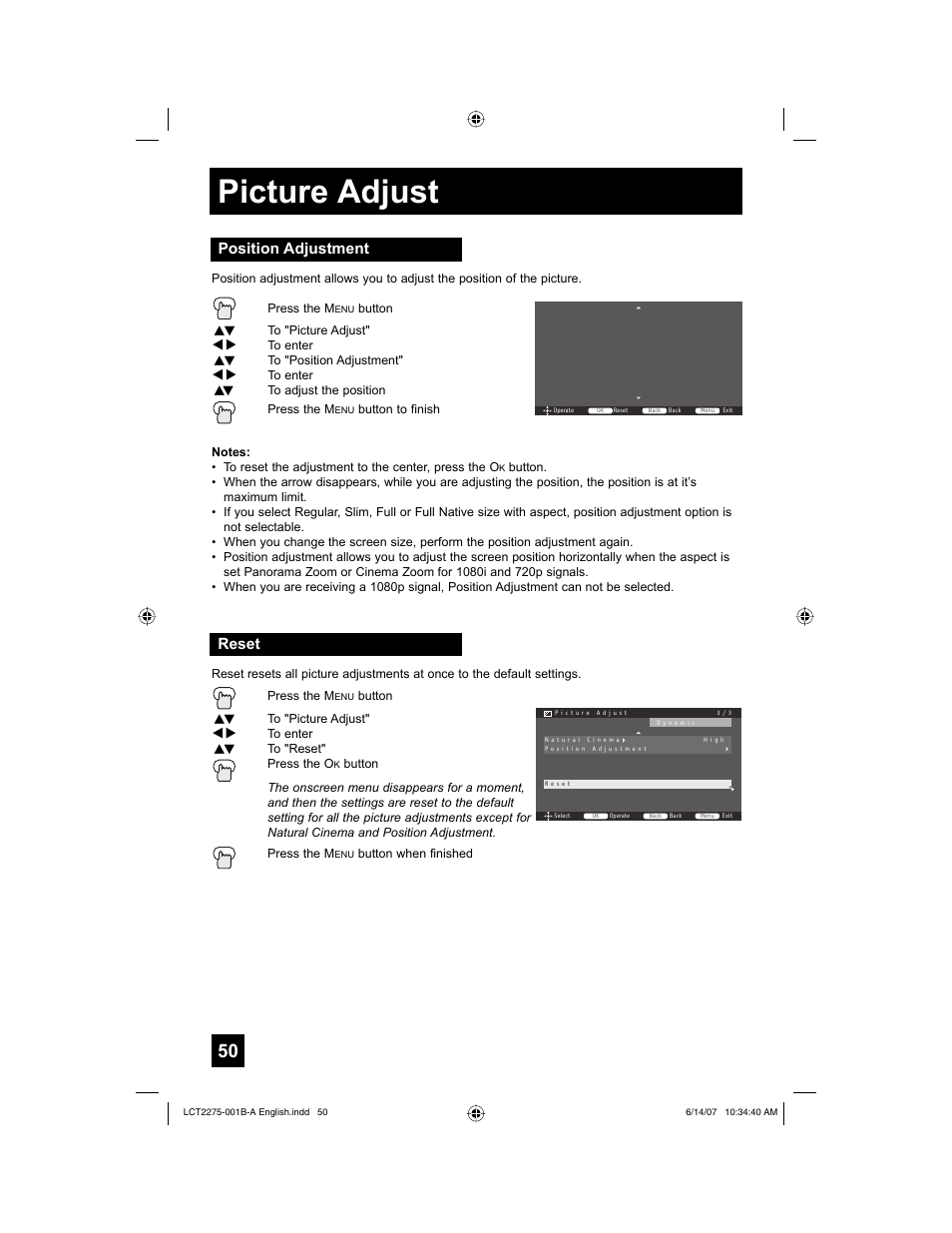 Position adjustment, Reset, Picture adjust | JVC RM-C1450 User Manual | Page 50 / 81