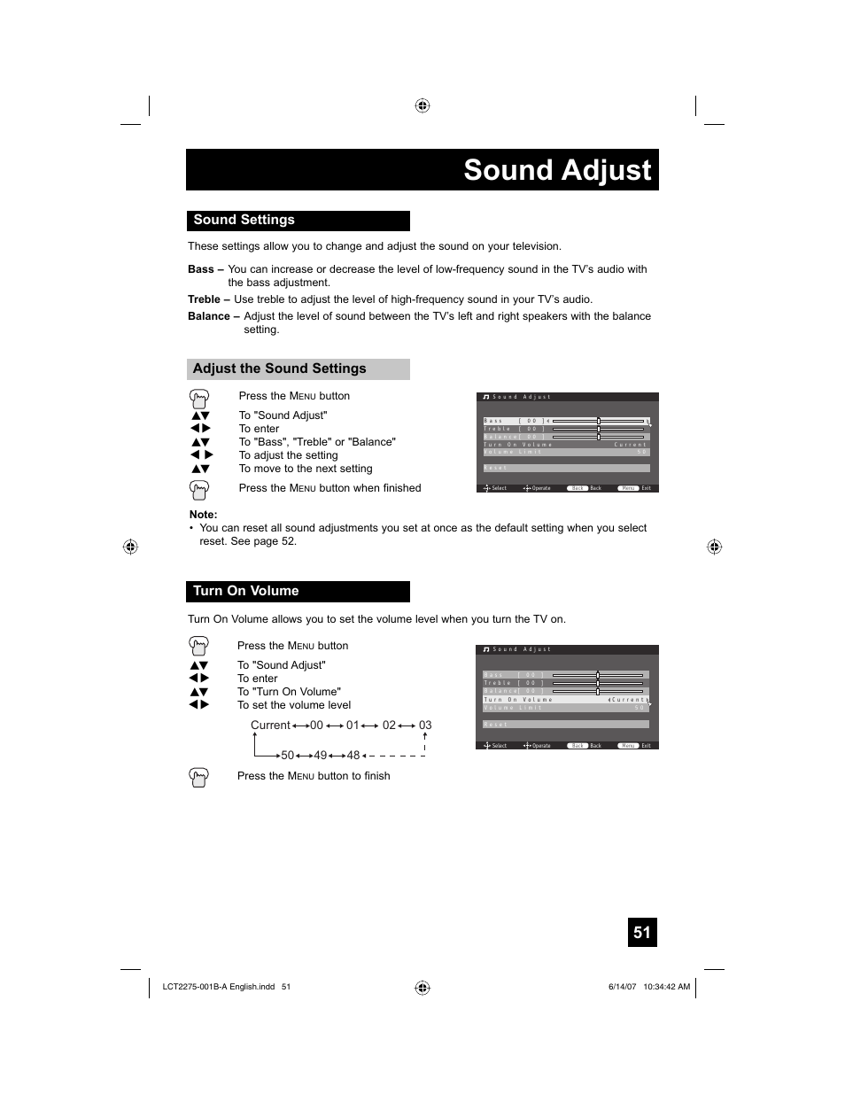 Sound adjust, Sound settings, Turn on volume | Sound settings adjust the sound settings | JVC RM-C1450 User Manual | Page 51 / 81
