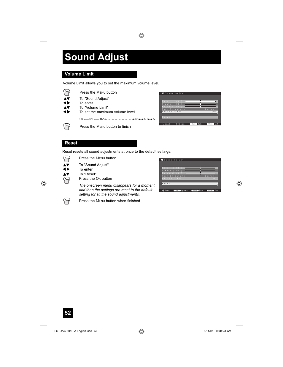 Volume limit, Reset, Sound adjust | JVC RM-C1450 User Manual | Page 52 / 81