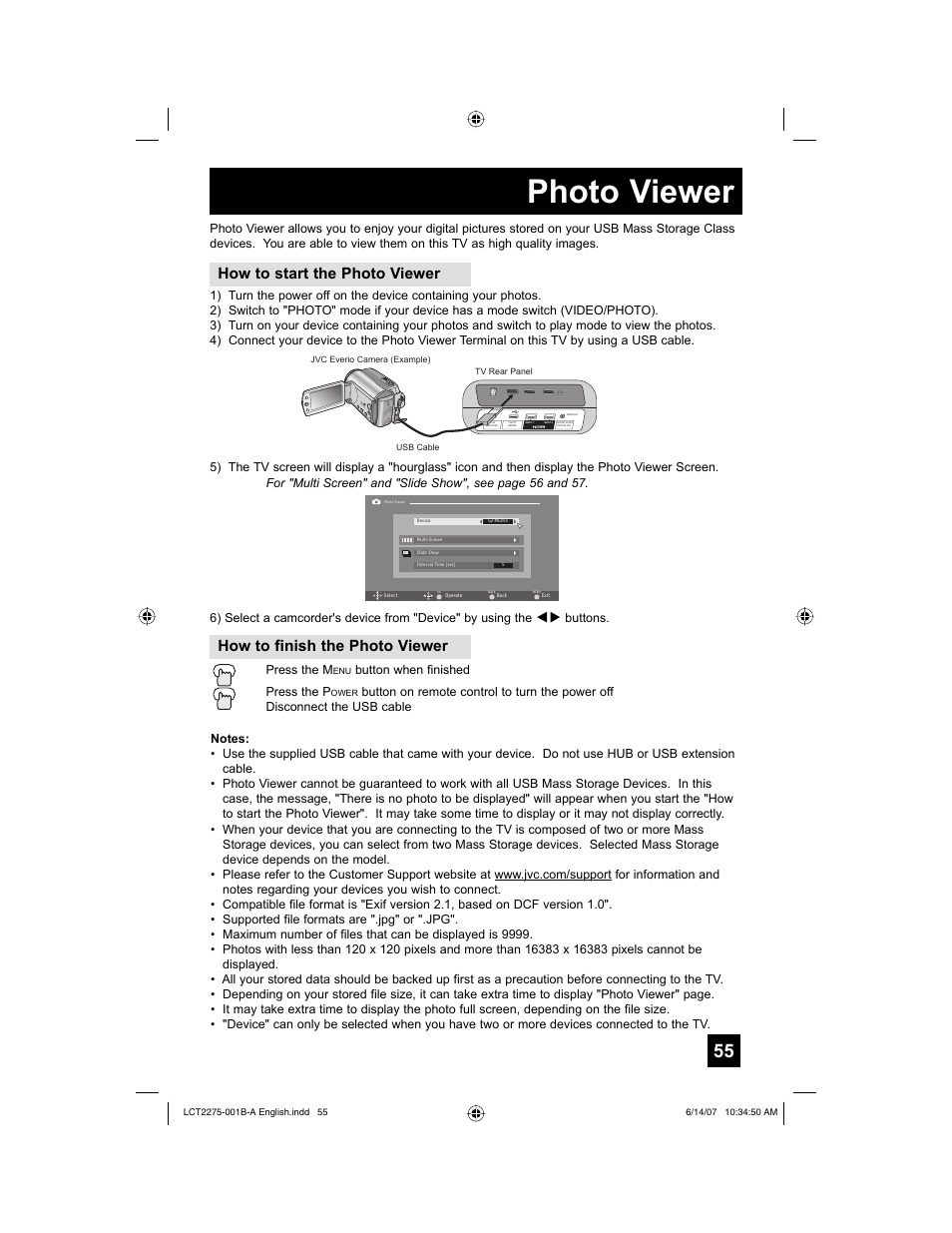 Photo viewer, How to start the photo viewer, How to finish the photo viewer | JVC RM-C1450 User Manual | Page 55 / 81