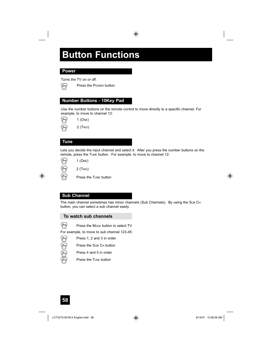 Button functions, Power, Number buttons - 10key pad | Tune, Sub channel | JVC RM-C1450 User Manual | Page 58 / 81