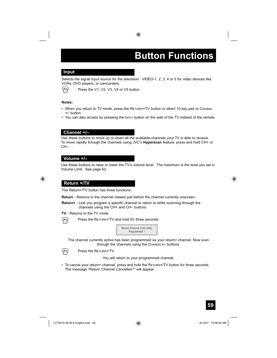 Input, Channel, Volume | Return +/tv, Button functions | JVC RM-C1450 User Manual | Page 59 / 81