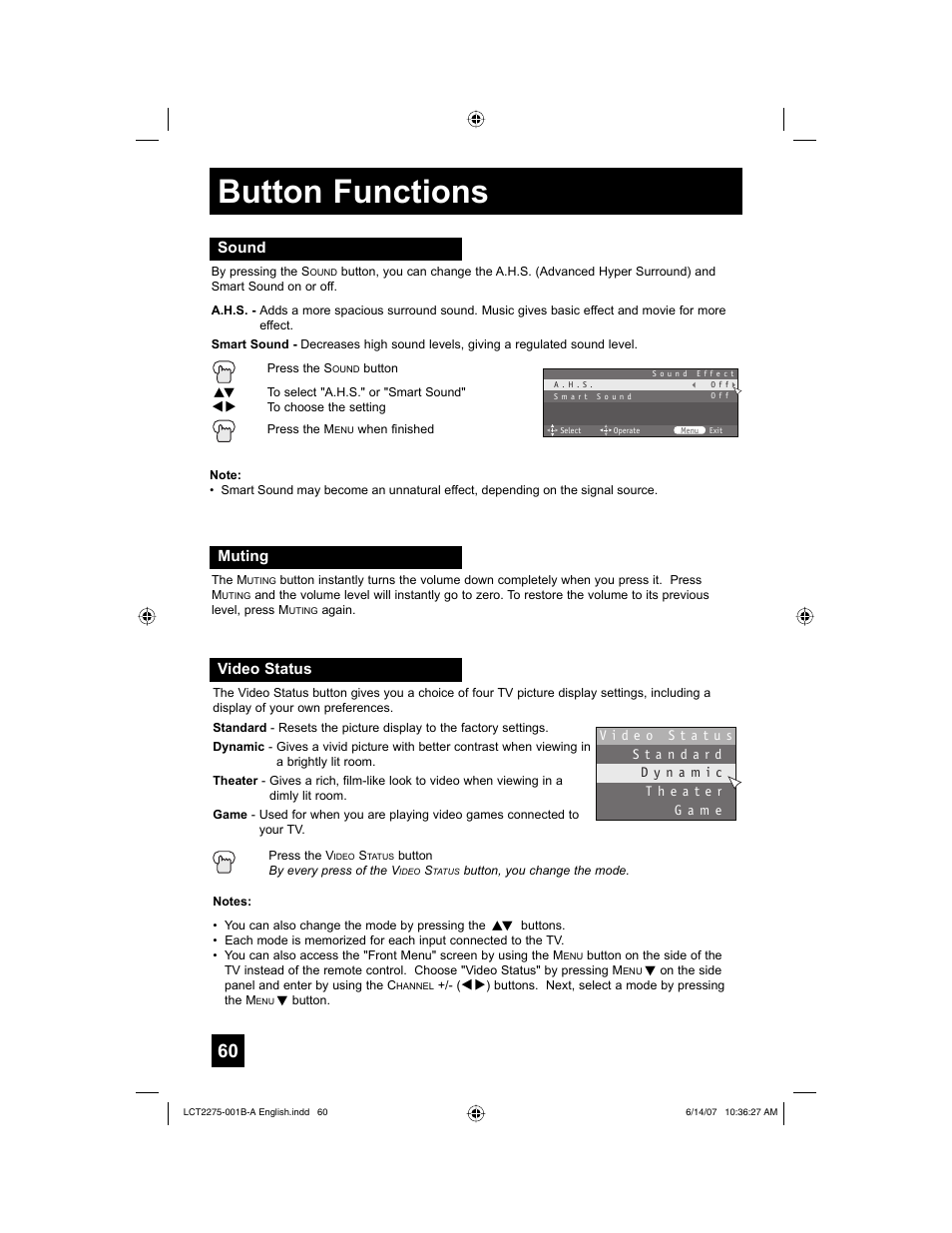 Sound, Muting, Video status | Button functions | JVC RM-C1450 User Manual | Page 60 / 81